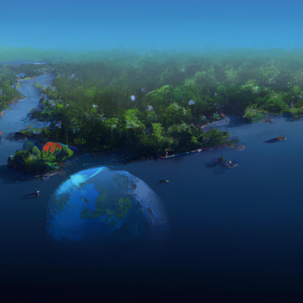 A serene blue planet with lush green forests and sparkling blue oceans, under a dark shadow of pollution and deforestation.
