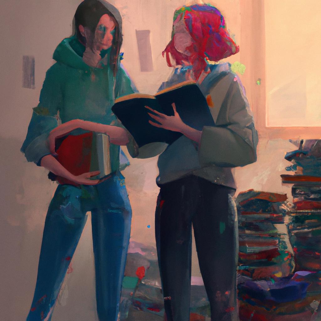 Two girls with a stack of colorful books, eagerly discussing their favorite genres.