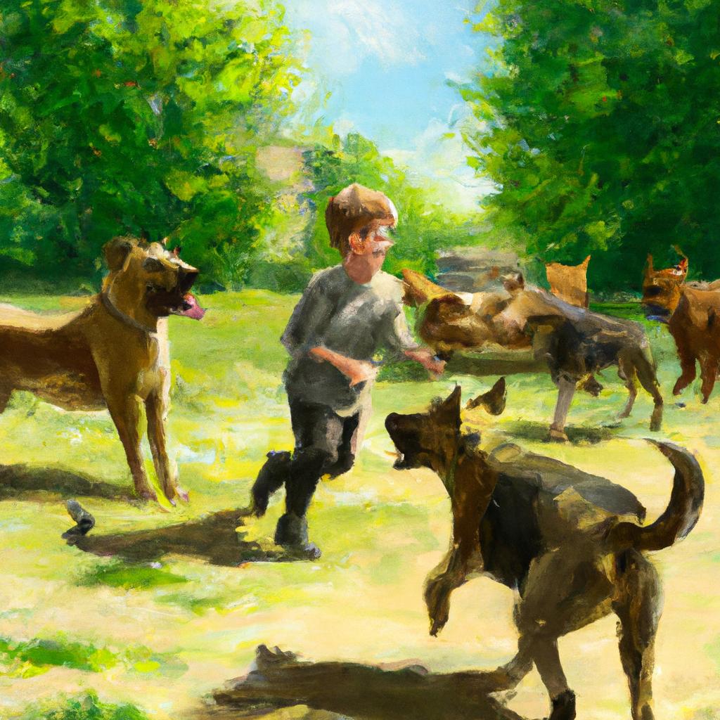 A happy boy playing fetch with a group of dogs in a sunny park.