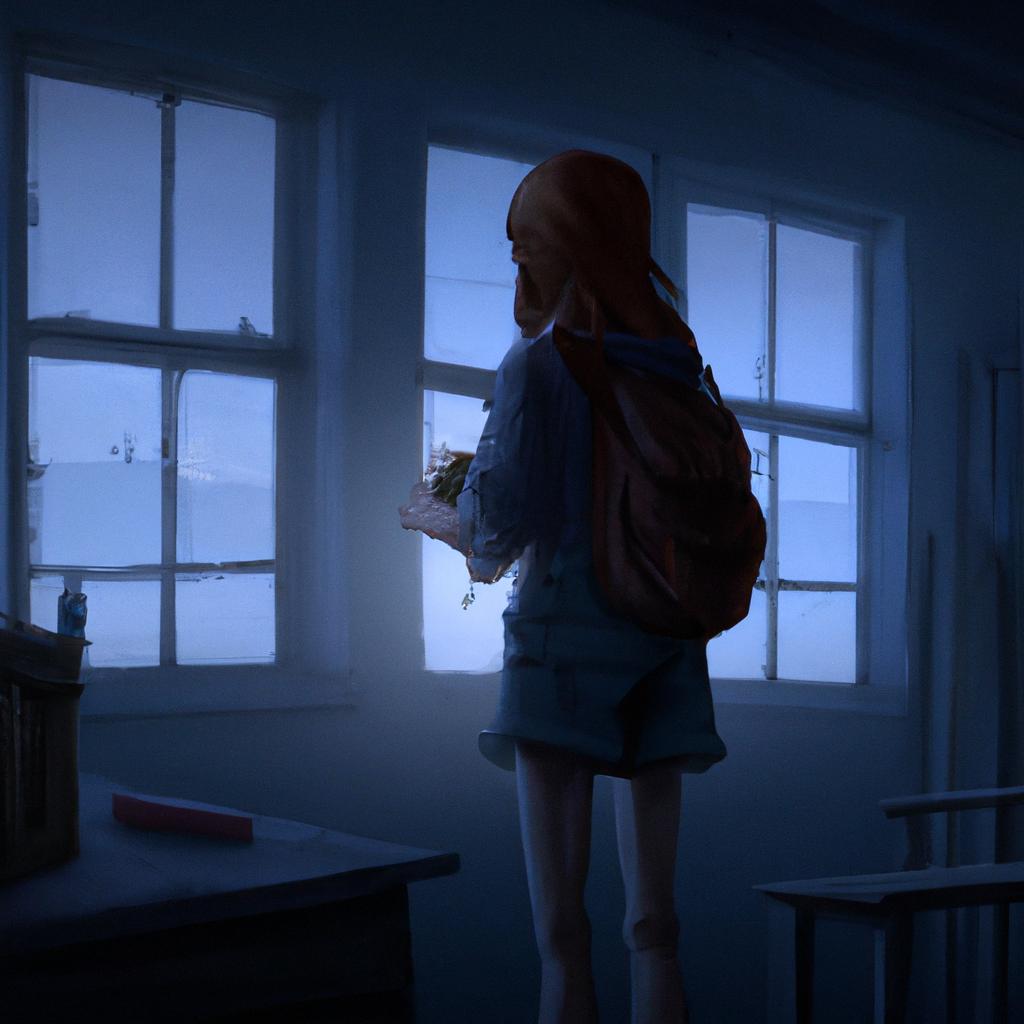 A young girl packing a small bag and looking out of a window in the moonlight.
