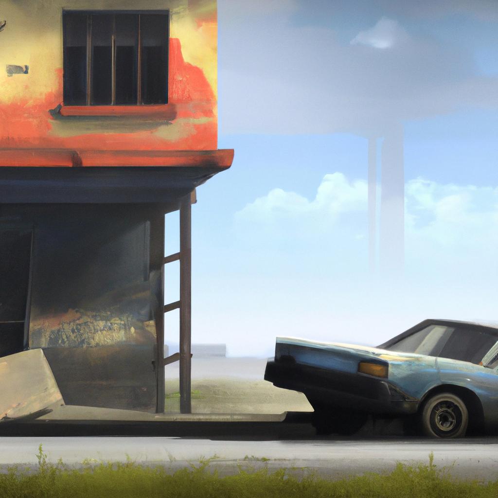 A speeding car on a road, about to crash into a house.
