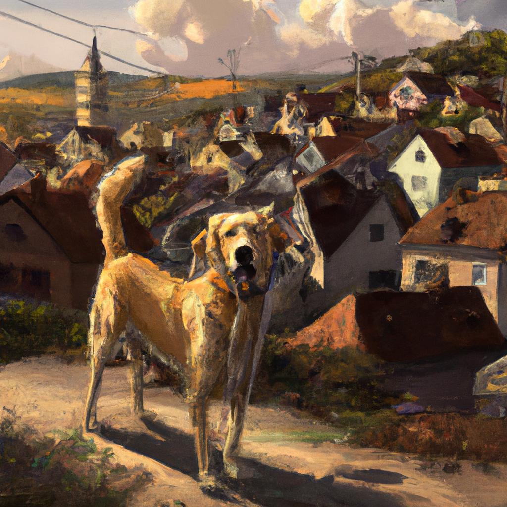 A big, goofy golden retriever named Max in a small village surrounded by rolling hills and countryside scenery.