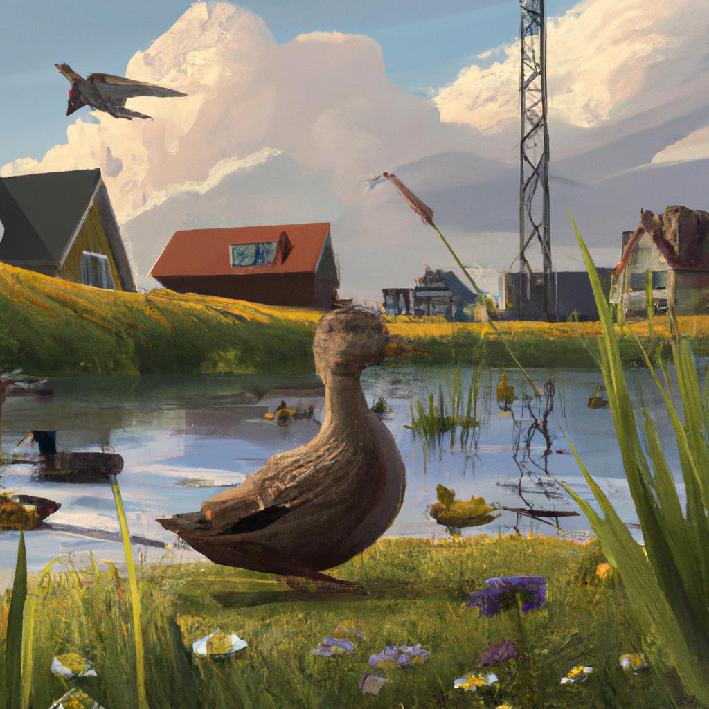 A duck named Daisy living by a peaceful pond with other ducks around, gazing at birds flying high in the sky.