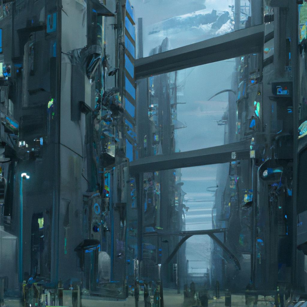 A futuristic cityscape with tall buildings and advanced technology controlling the emotions of people, making them appear emotionless.