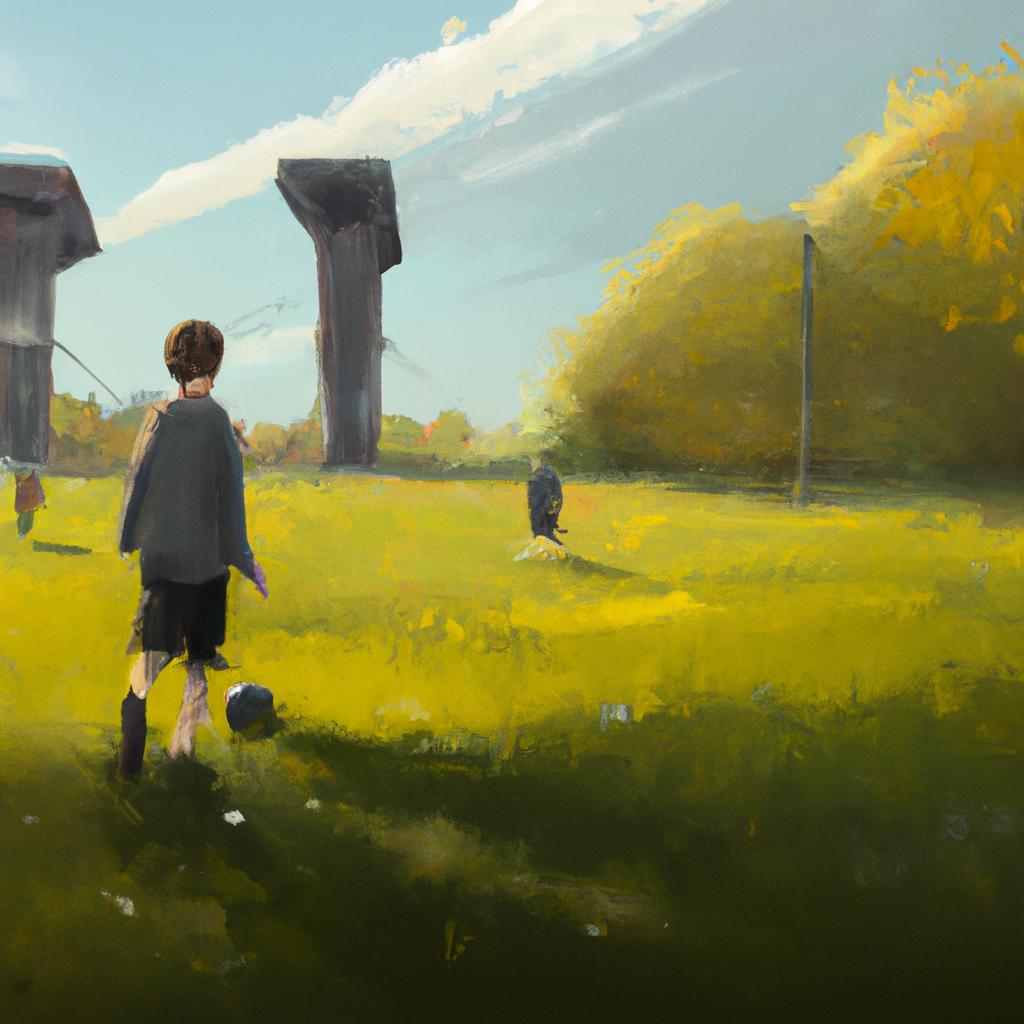 A sunny day at the park where a boy named Max plays football with friends, kicking the ball skillfully.