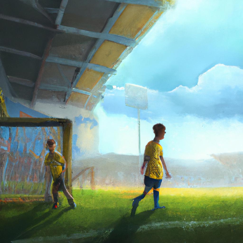 Two boys named Neymar and Rami playing football in a vibrant neighborhood stadium under the bright sun.