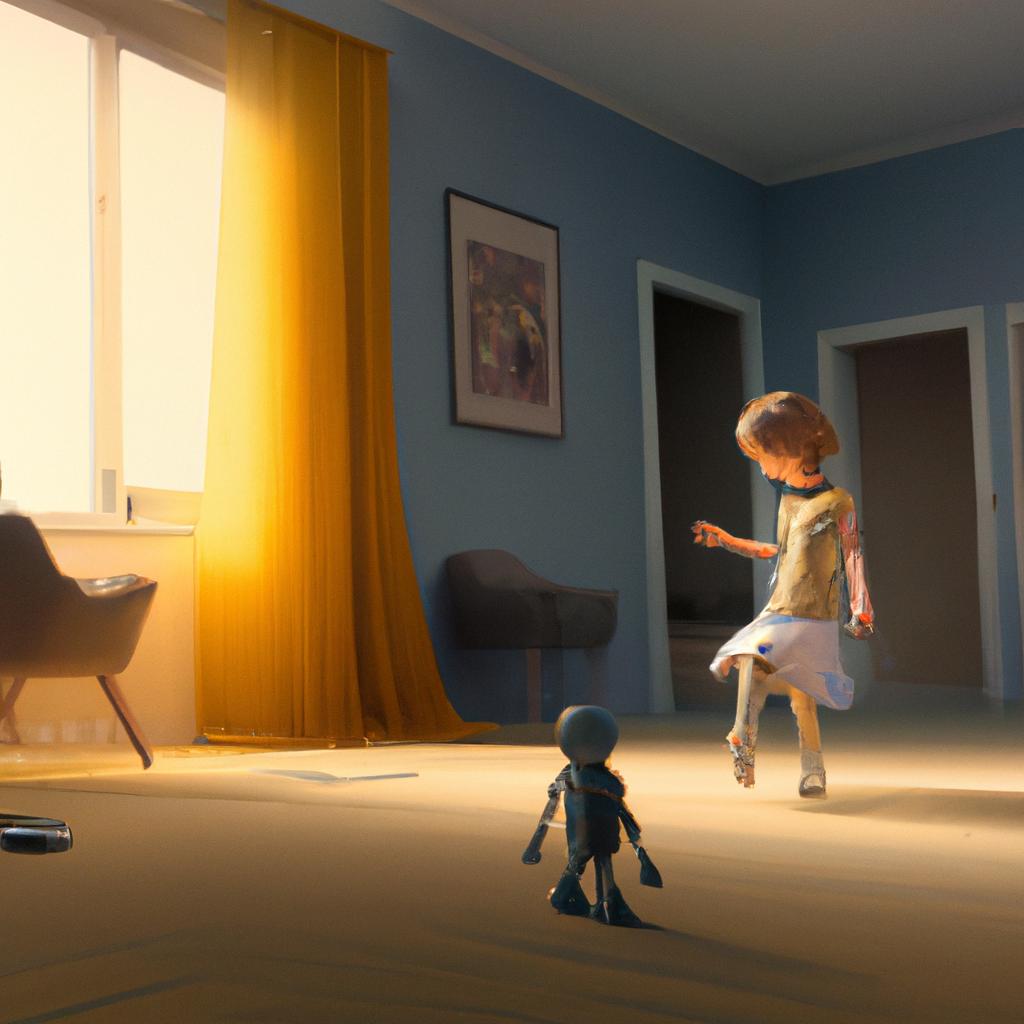 A girl dancing happily in a sunlit room, surrounded by toys. She trips and falls to the floor, looking a bit scared but determined.