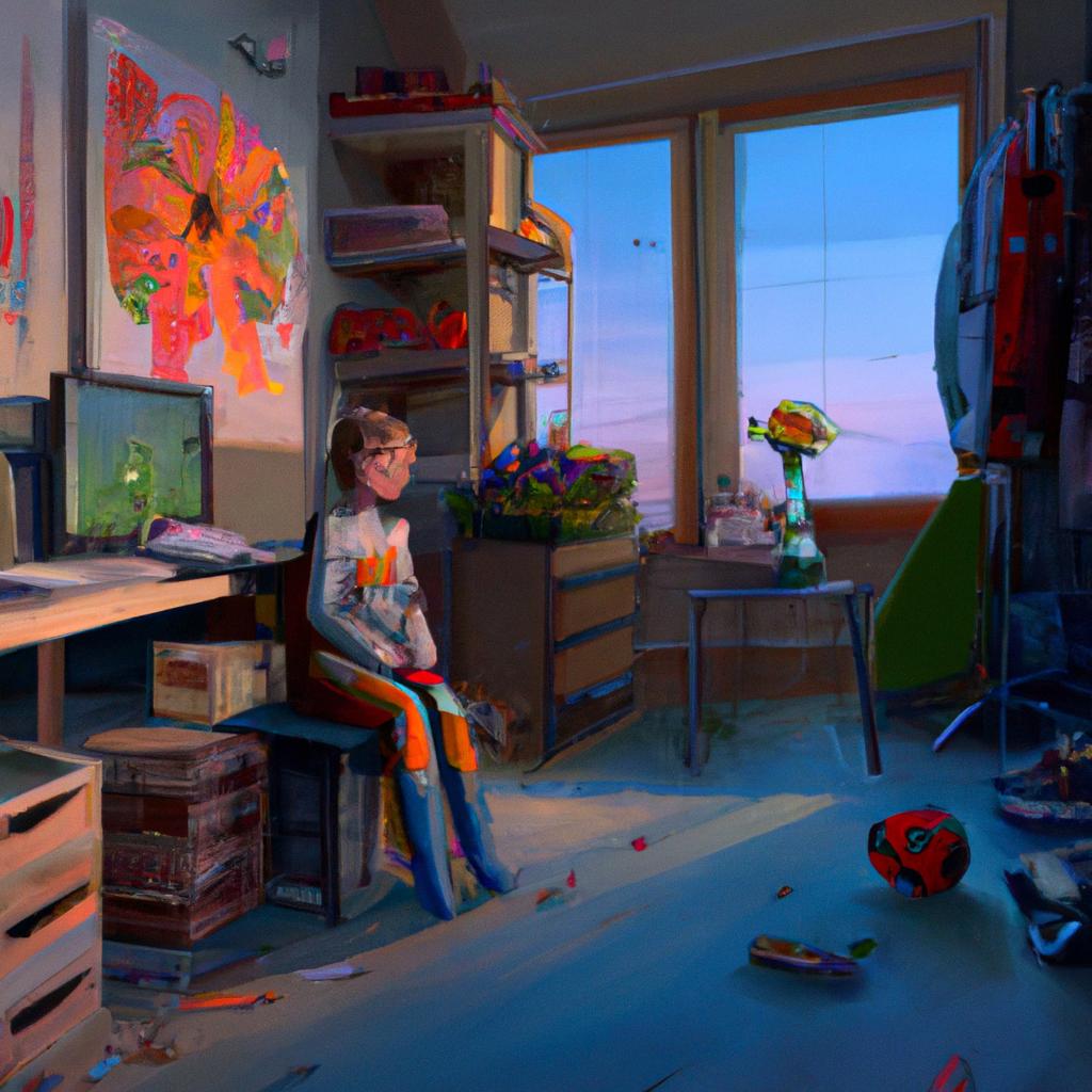 A girl named Lily surrounded by colorful paintings, toys, and clothes in her room.