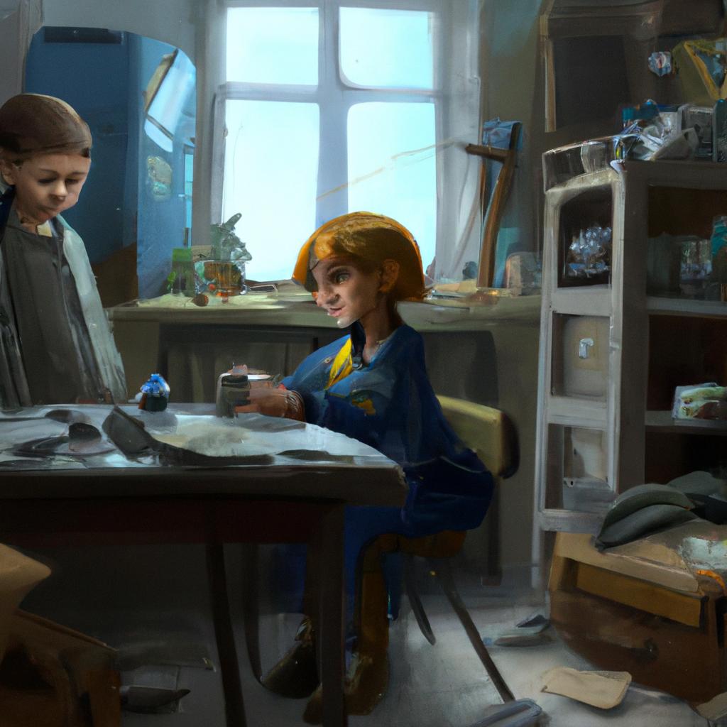 A small girl with a kind smile helping her friend with a school project.
