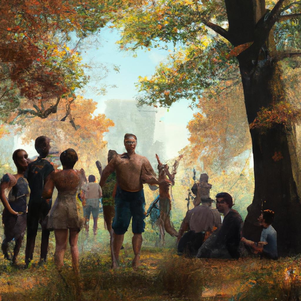 A group of diverse people laughing together in a park on a sunny day.