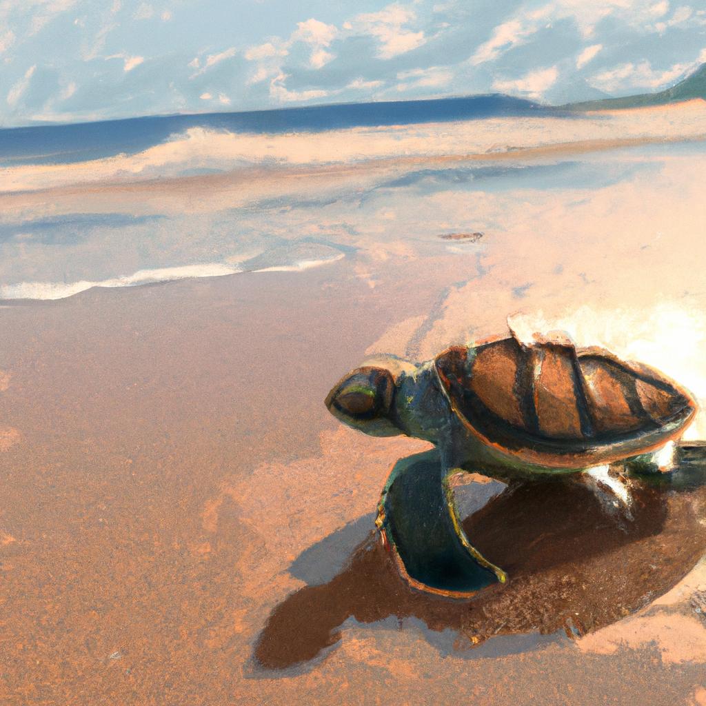 A baby sea turtle with a shiny shell crawling towards the sparkling ocean under the bright sun.