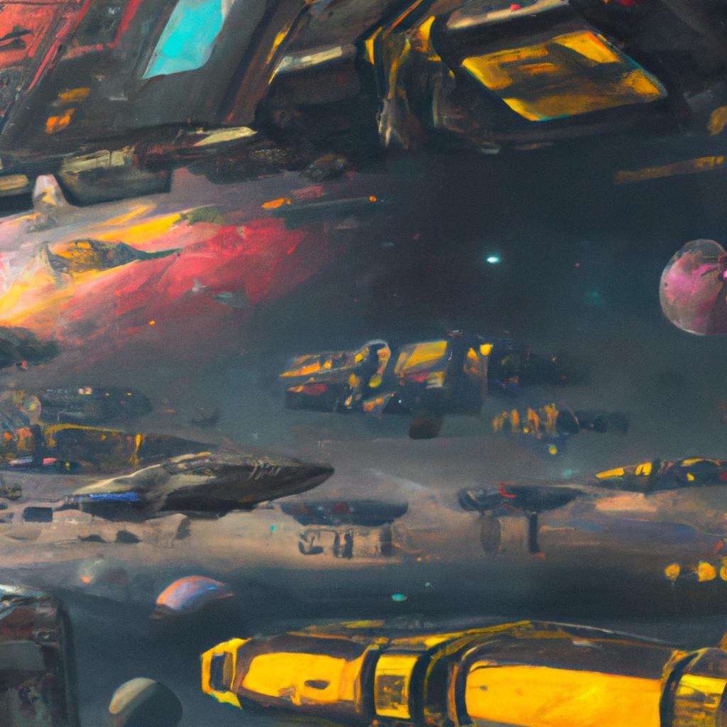 A bustling galaxy with colorful spaceships of various sizes preparing for a long journey through space.