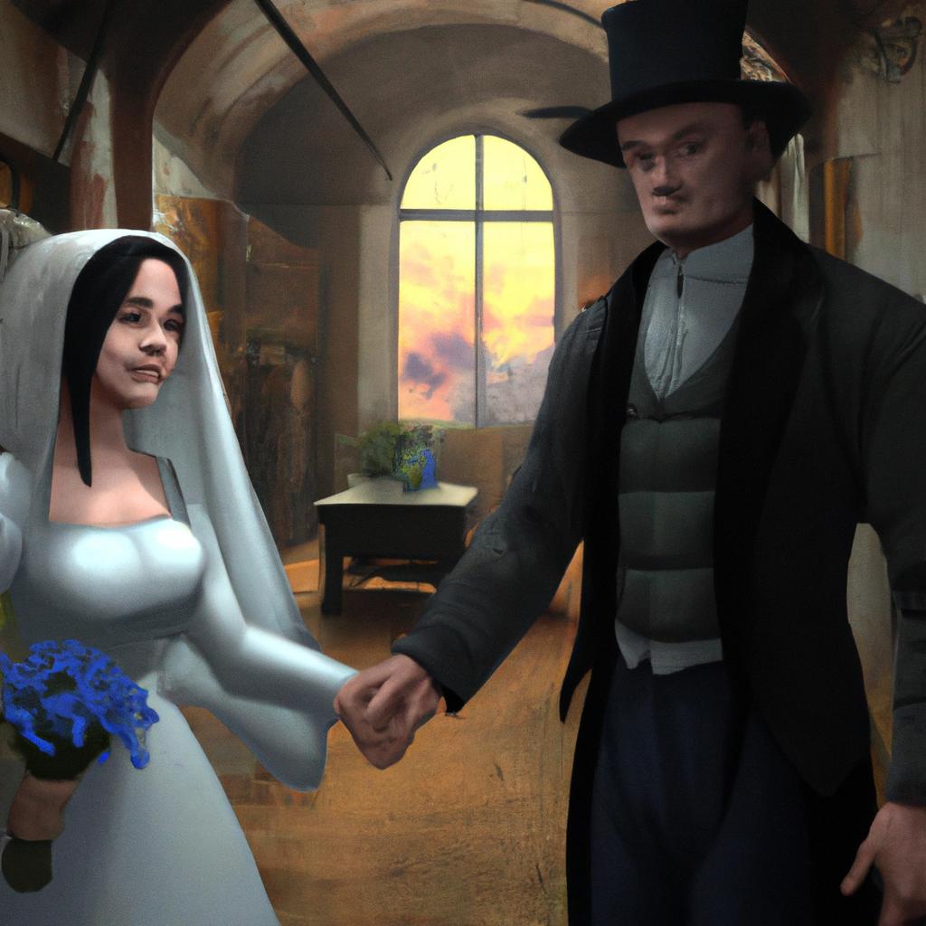 A couple in wedding attire exchanging vows with smiles of happiness and love.