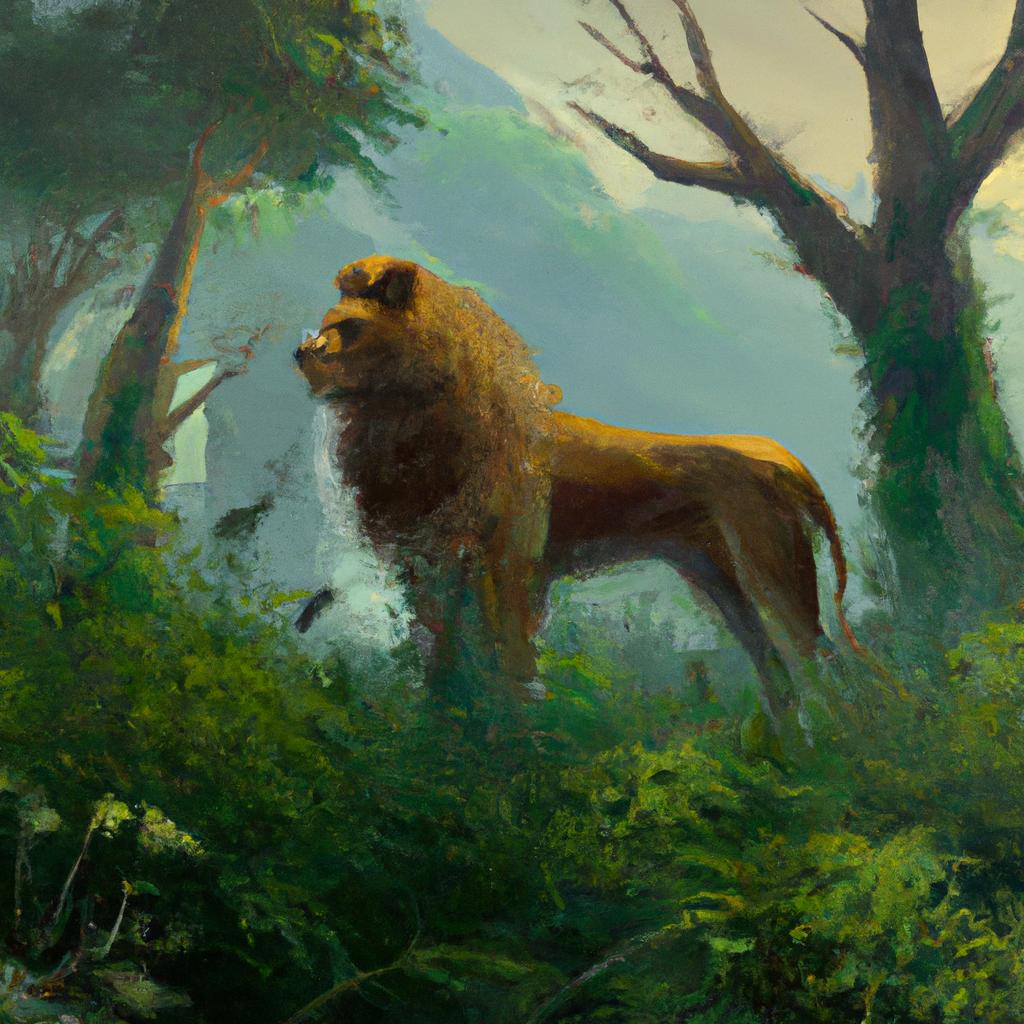 A majestic lion with a golden mane standing proudly in a vast and lush jungle.