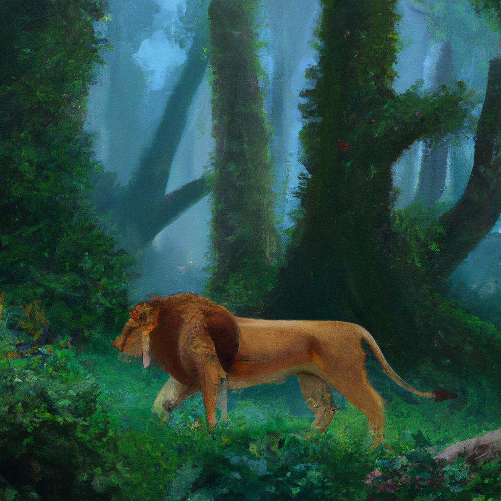 A lion walking in a dense forest looking hungry.