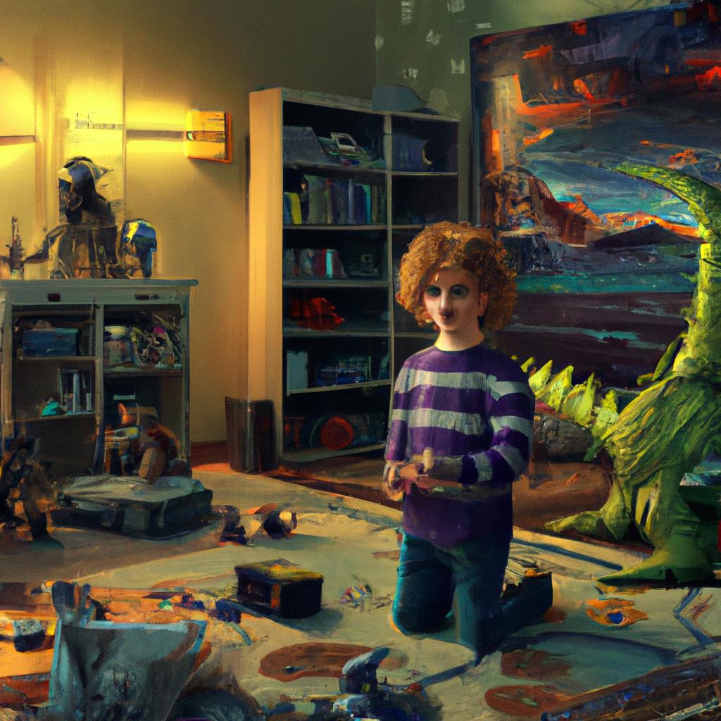 A little boy with curly hair surrounded by monster posters and toys in his room.