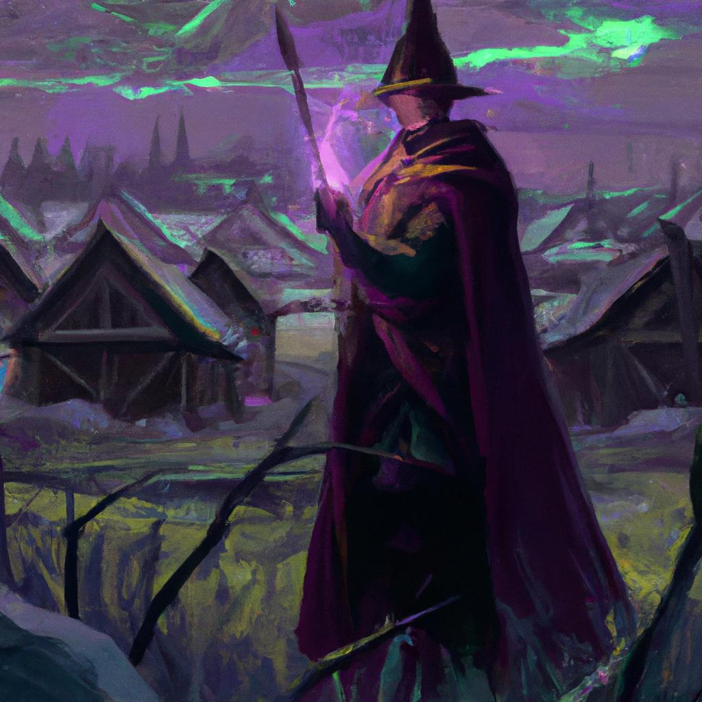 A young wizard with a magical wand in a mystical land.