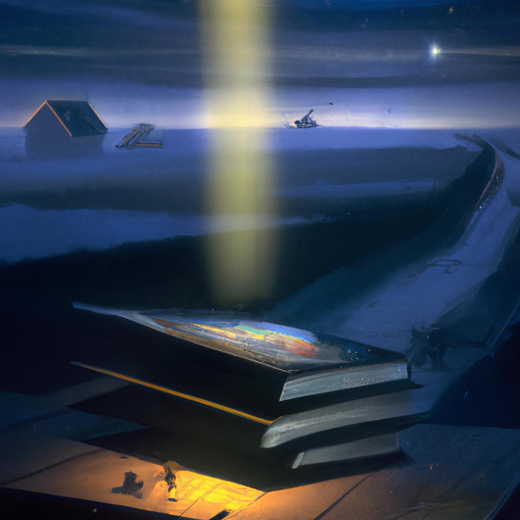 A book with a shimmering cover glowing in the moonlight, surrounded by fluttering pages depicting tales of faraway lands.
