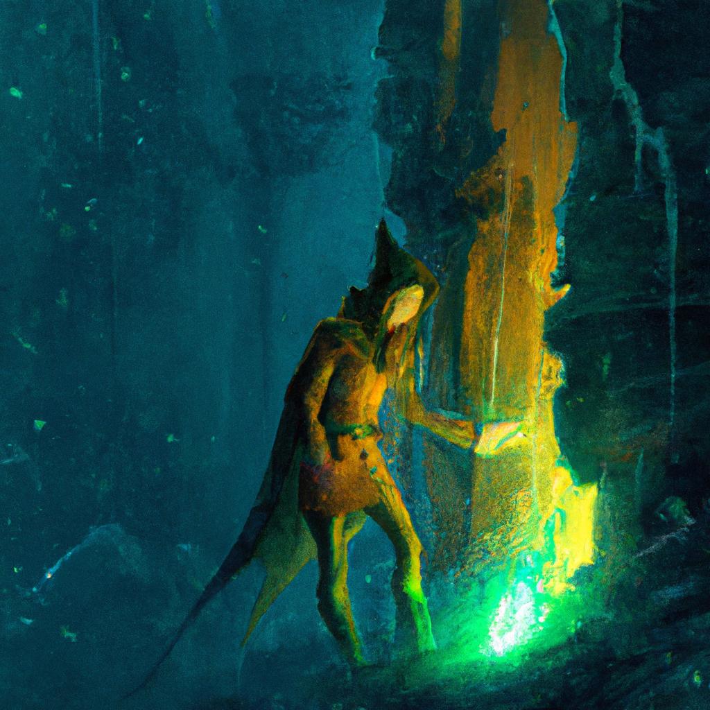 A small elf with pointed ears, wearing a green tunic, exploring a glowing crystal in a hidden cave.