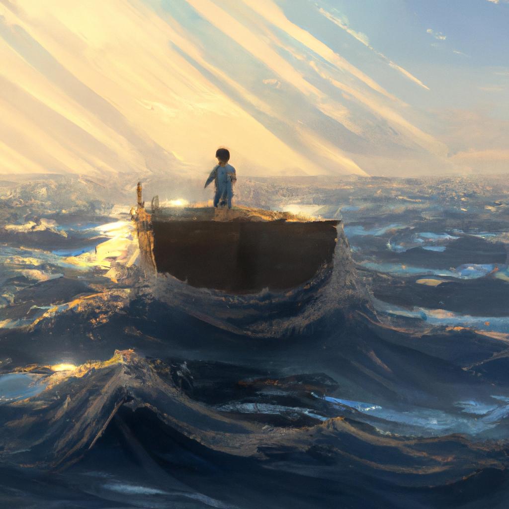 A young boy sailing on a boat in the middle of a vast ocean, surrounded by shimmering blue waters and the sun's golden rays.