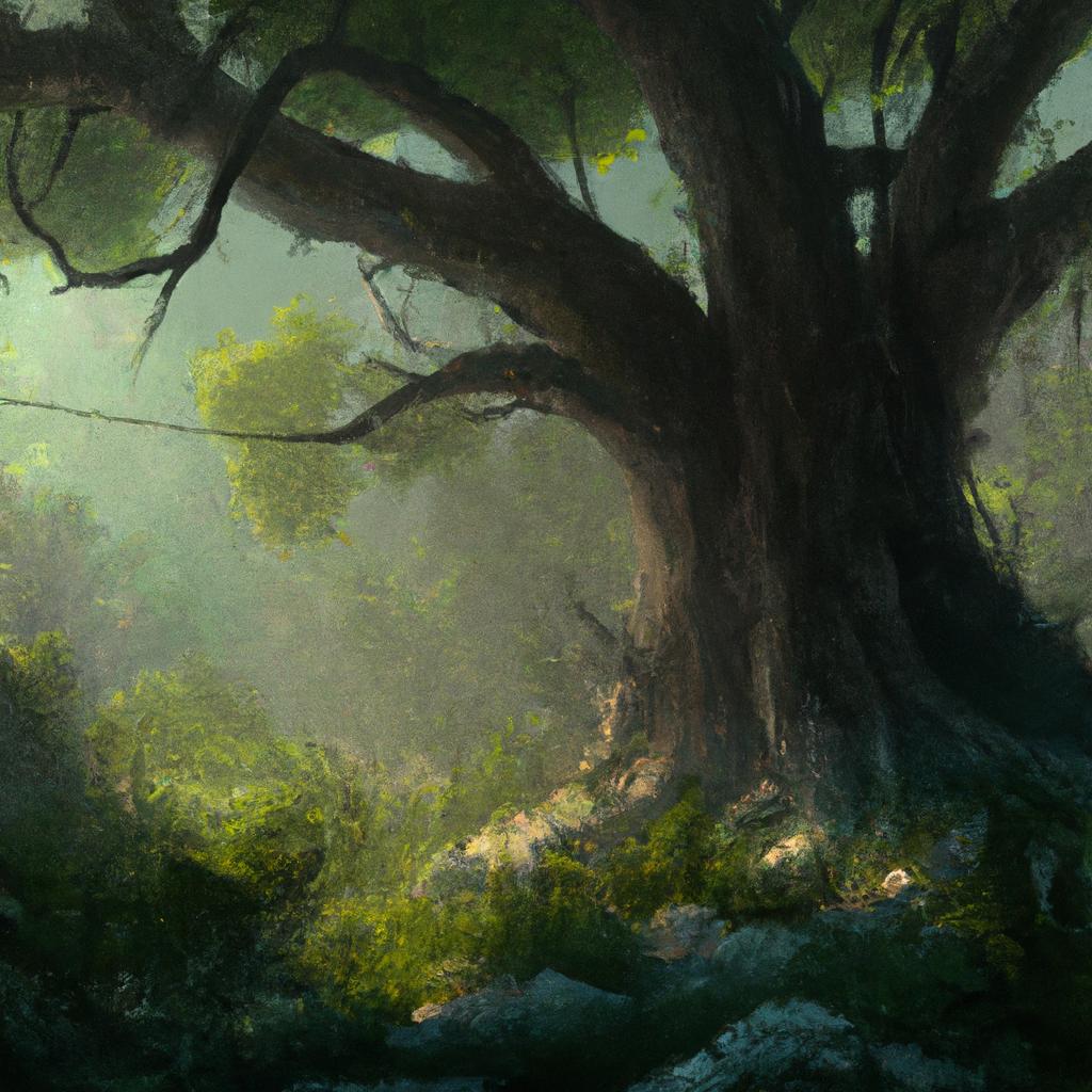 A magical tree glowing with a soft, golden light in a lush green forest.