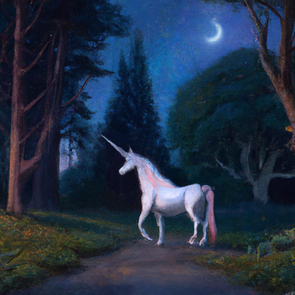 A majestic unicorn with a white coat and a glowing horn in a magical forest under the moonlight.