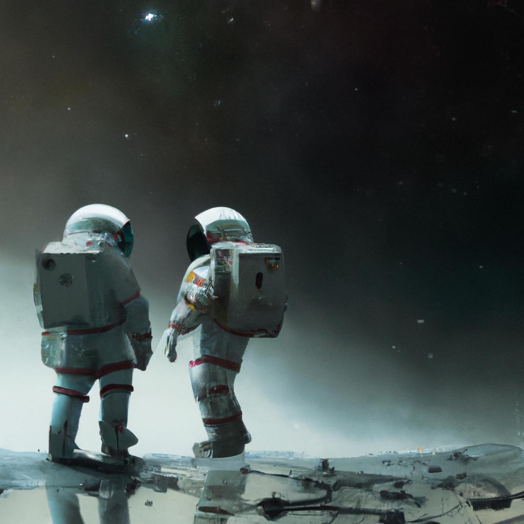Two astronauts in space suits exploring the lunar surface with the Earth in the background.