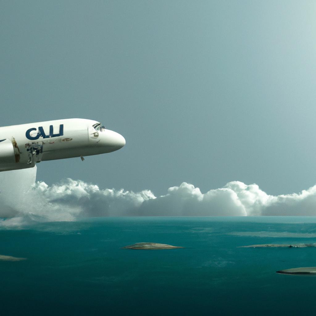 A Gulf Airlines plane flying over the Pacific Ocean in the year 2020.