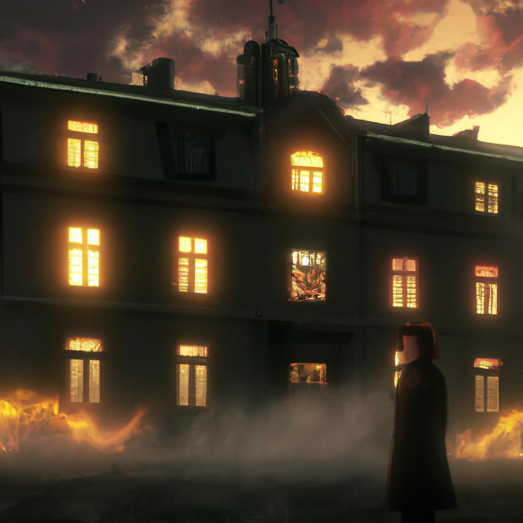 A female detective standing in front of a grand, eerie mansion on a stormy night, lit by flickering candles in the windows.
