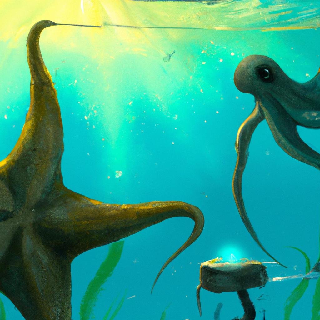 An underwater scene with a mischievous octopus named Oliver playing tricks on a gentle sea star named Stella.