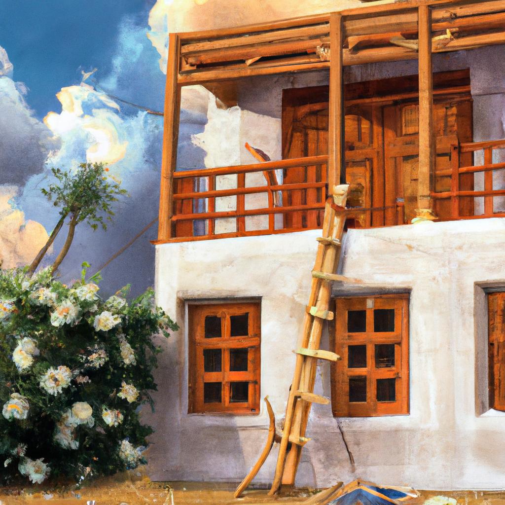 An old traditional Kuwaiti home with intricate wooden carvings on doors and windows, surrounded by fragrant jasmine flowers.