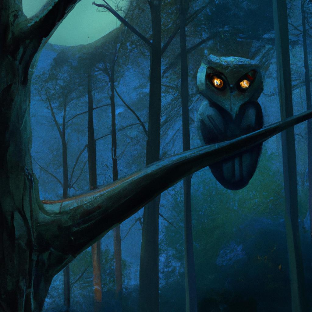 A wise owl with big, round eyes perched on a tree branch in a deep forest illuminated by the moonlight.