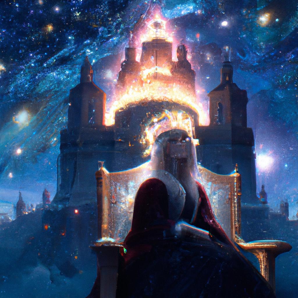 A majestic queen wearing a sparkling crown and a gown that shimmers like stars in the night sky in a grand castle.