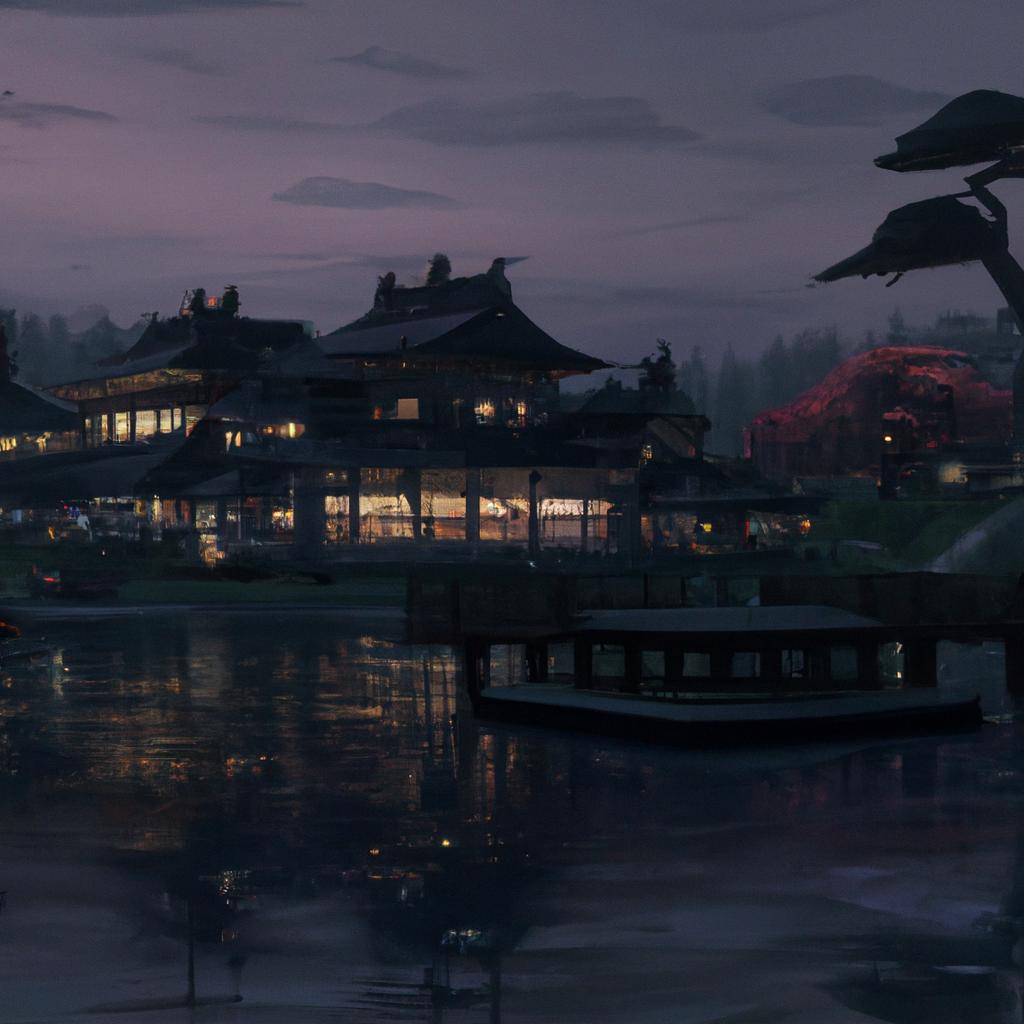 A dark night in Japan with Governor Miko in her traditional palace surrounded by lush gardens and sparkling lakes.
