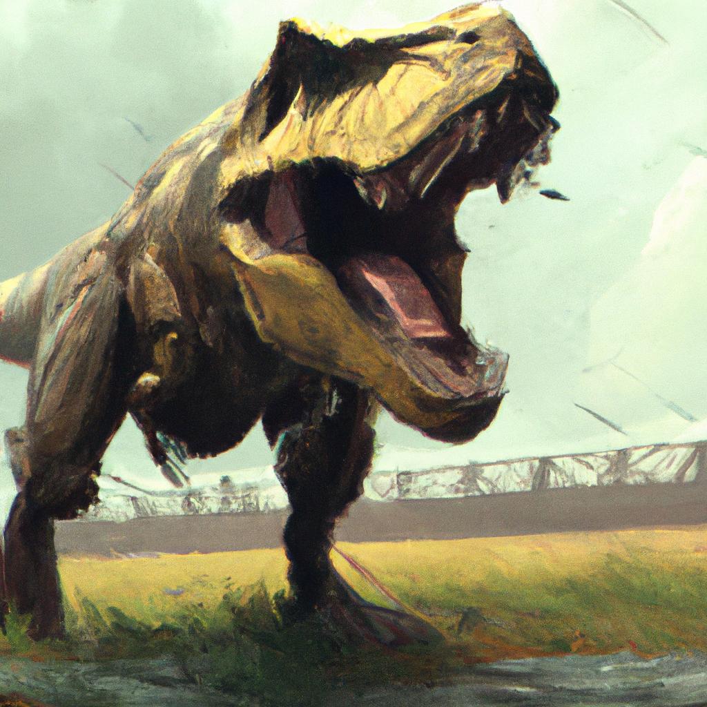 A powerful T-Rex with sharp teeth and a thunderous roar, striking fear in the hearts of creatures.