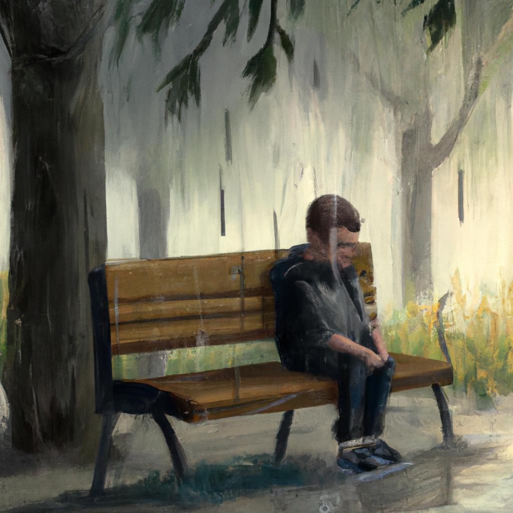 A sad boy named Liam sitting alone on a bench in a park, tears streaming down his cheeks.