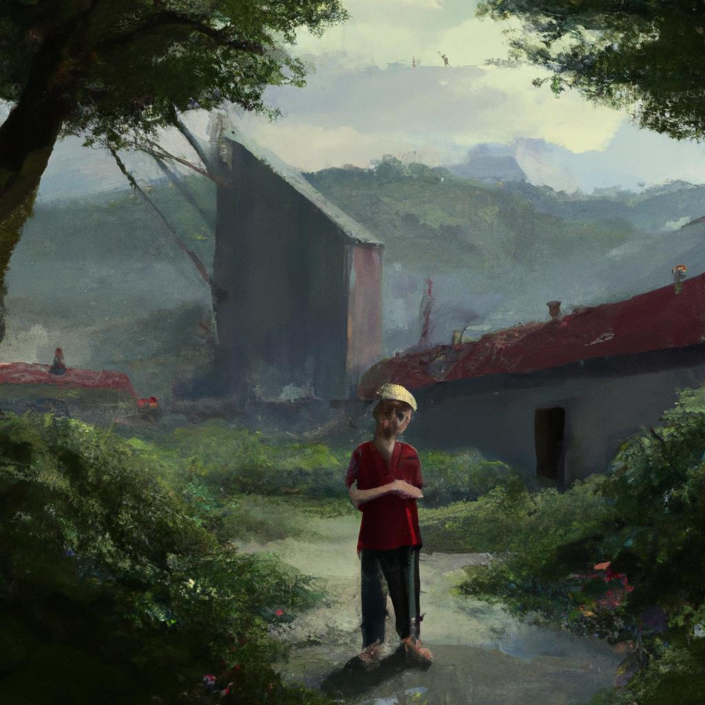 A young boy in a small village surrounded by green trees and mountains in the distance.