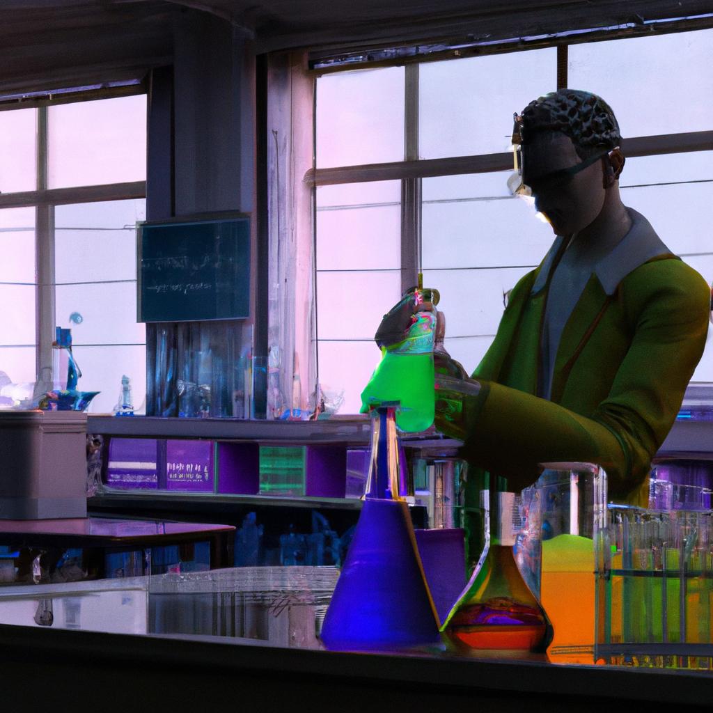 A science student mixing colorful chemicals in a laboratory filled with beakers and test tubes.