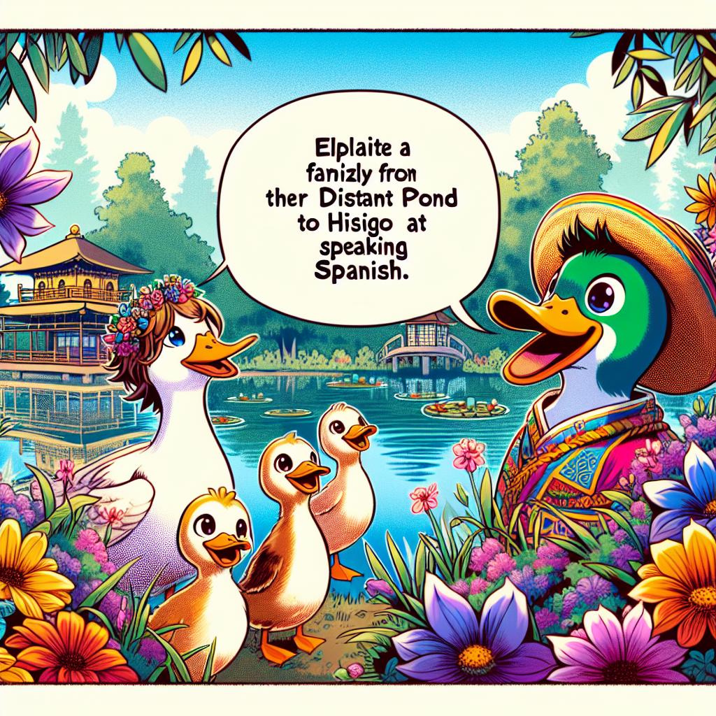 A family of ducks from a distant pond visiting Diego's pond, amazed by his Spanish-speaking skills.