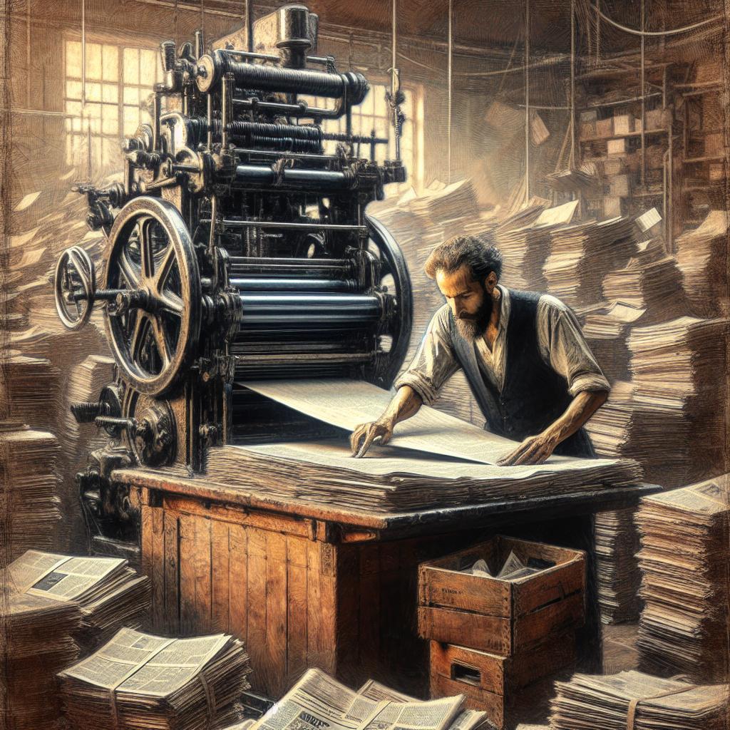 A successful printer working on a printing press, surrounded by newspapers.
