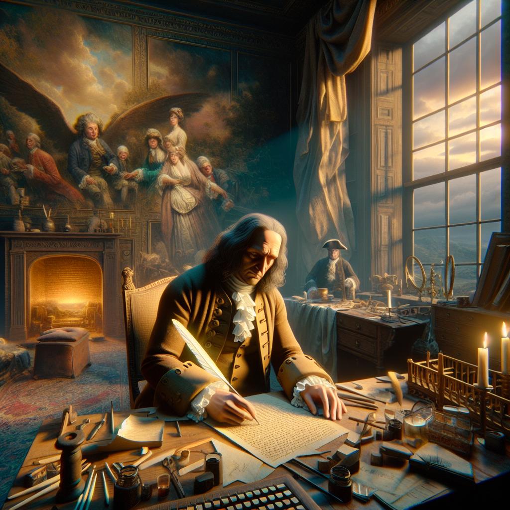 A historic scene of Benjamin Franklin drafting the Declaration of Independence with a quill pen.