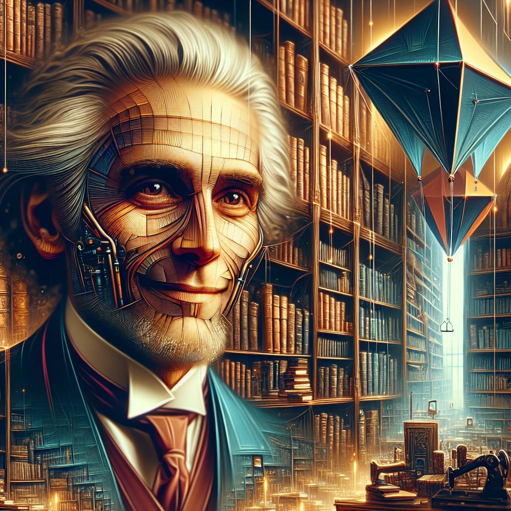 An elderly Benjamin Franklin surrounded by books in a library, with a warm smile on his face.