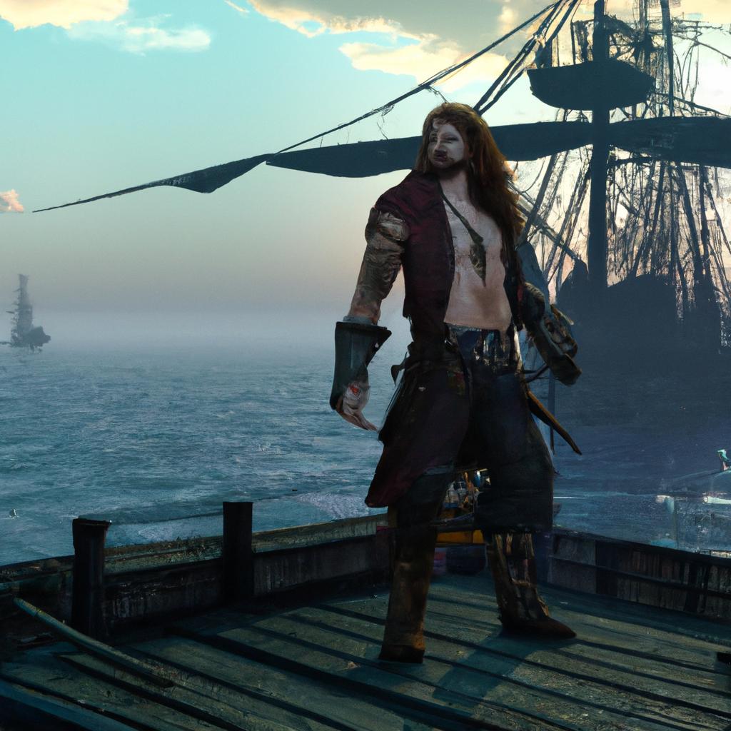 A fierce pirate with a long, black beard standing on the deck of a ship on the open sea.