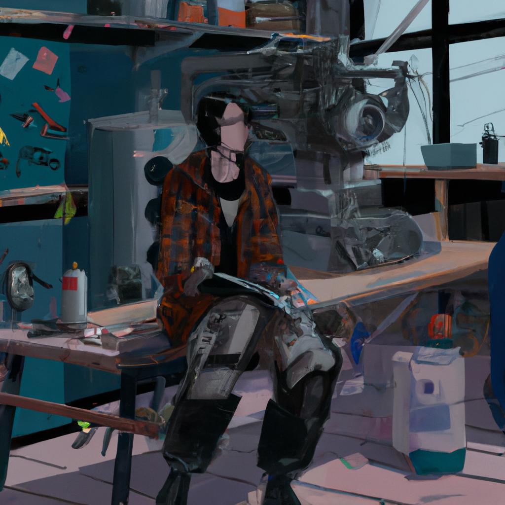 A young girl named Yafa in a workshop, surrounded by tools and robot blueprints.