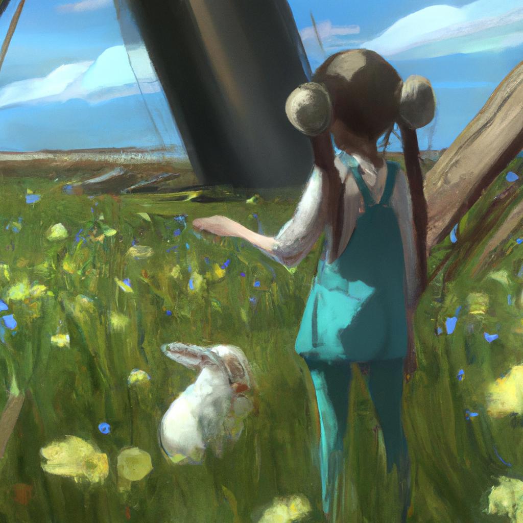 A curious girl named Lily exploring a lush meadow and making friends with a timid rabbit.