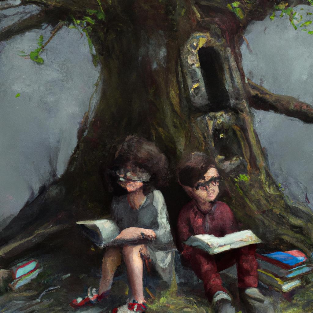 Two children, one with curly hair and glasses, sitting under a tree surrounded by books.