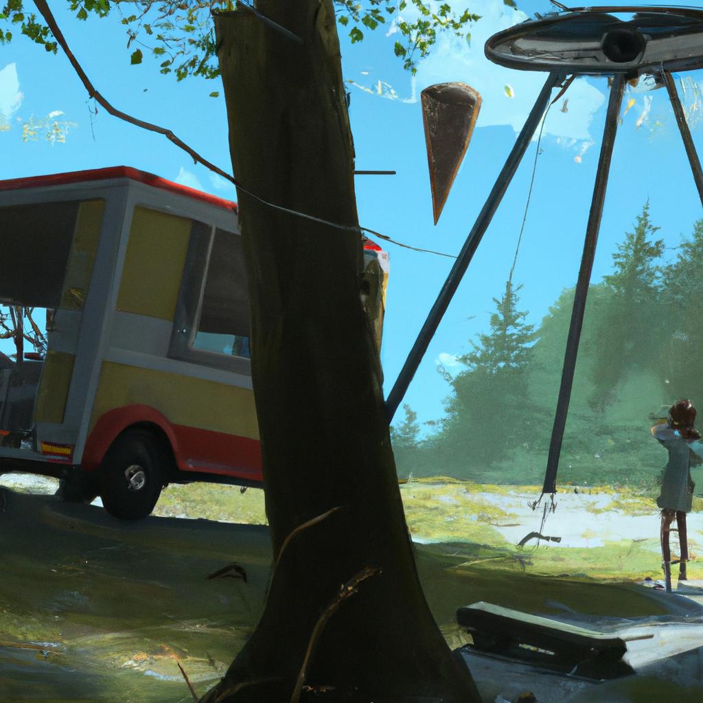 A young girl with brown hair disappearing from a swing in the park and appearing near an ice cream truck.