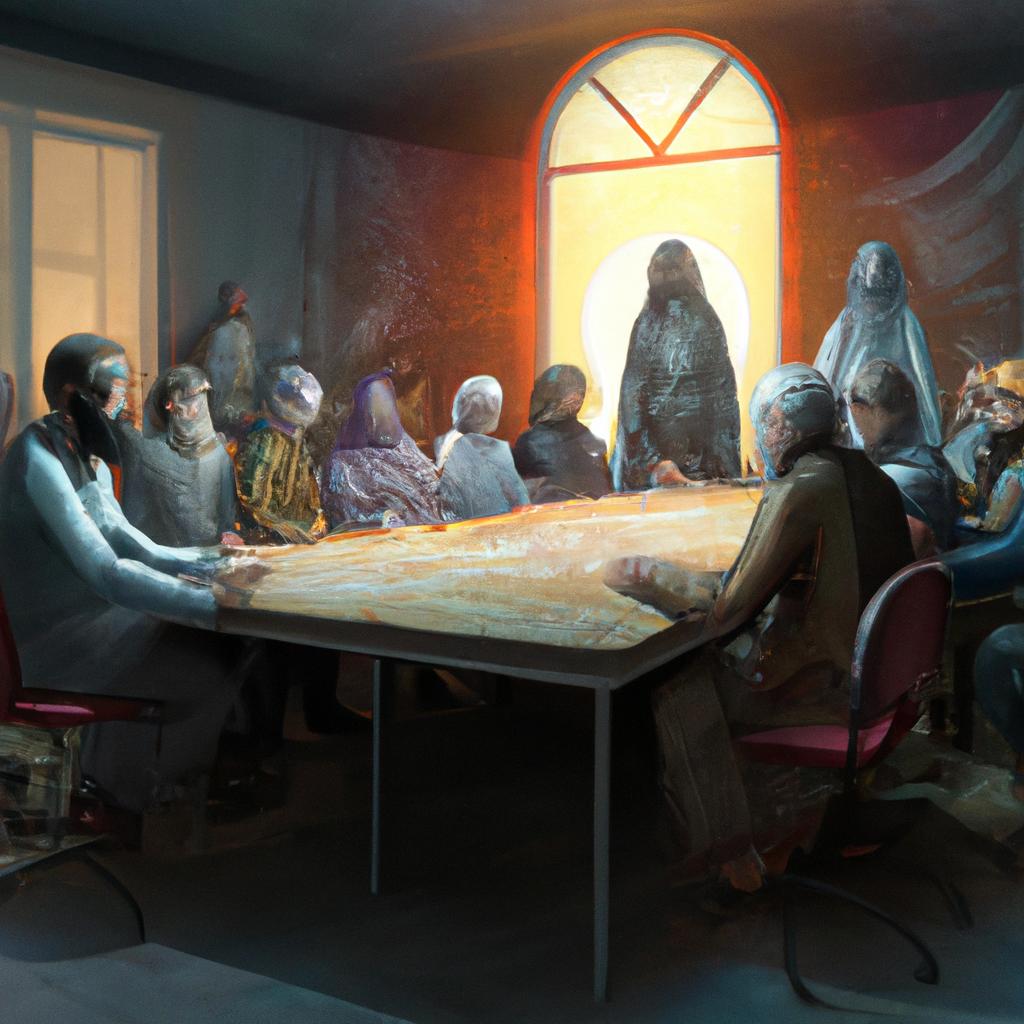 A diverse group of people from various religions gathered around a table, discussing and sharing their beliefs.