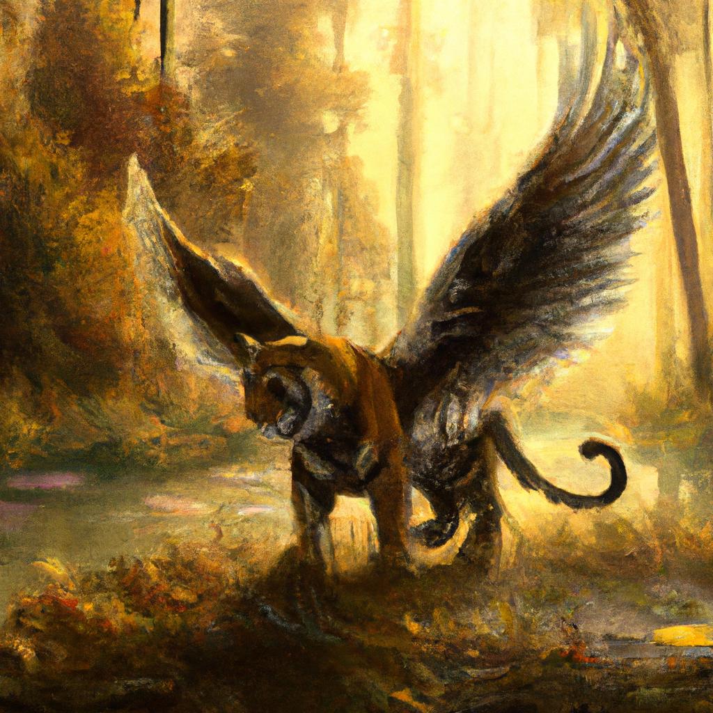A tiger with golden wings in a mystical forest with shimmering gold feathers.