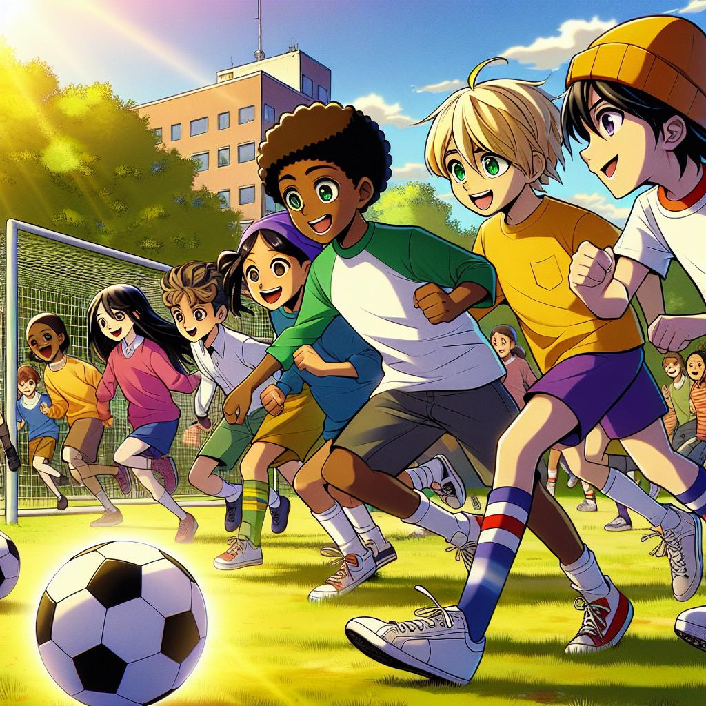 A group of children playing soccer in a park on a bright sunny day with a glowing soccer ball that lights up when kicked.